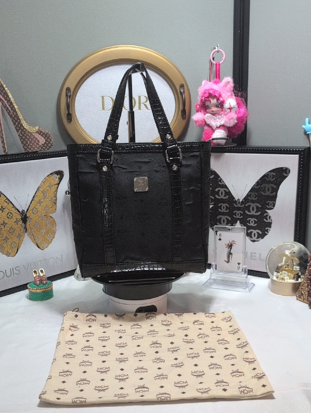 MCM Black Nylon Signature Monogram & Patent Leather Croc Embossed Trim Tote NEW - Picture 3 of 17
